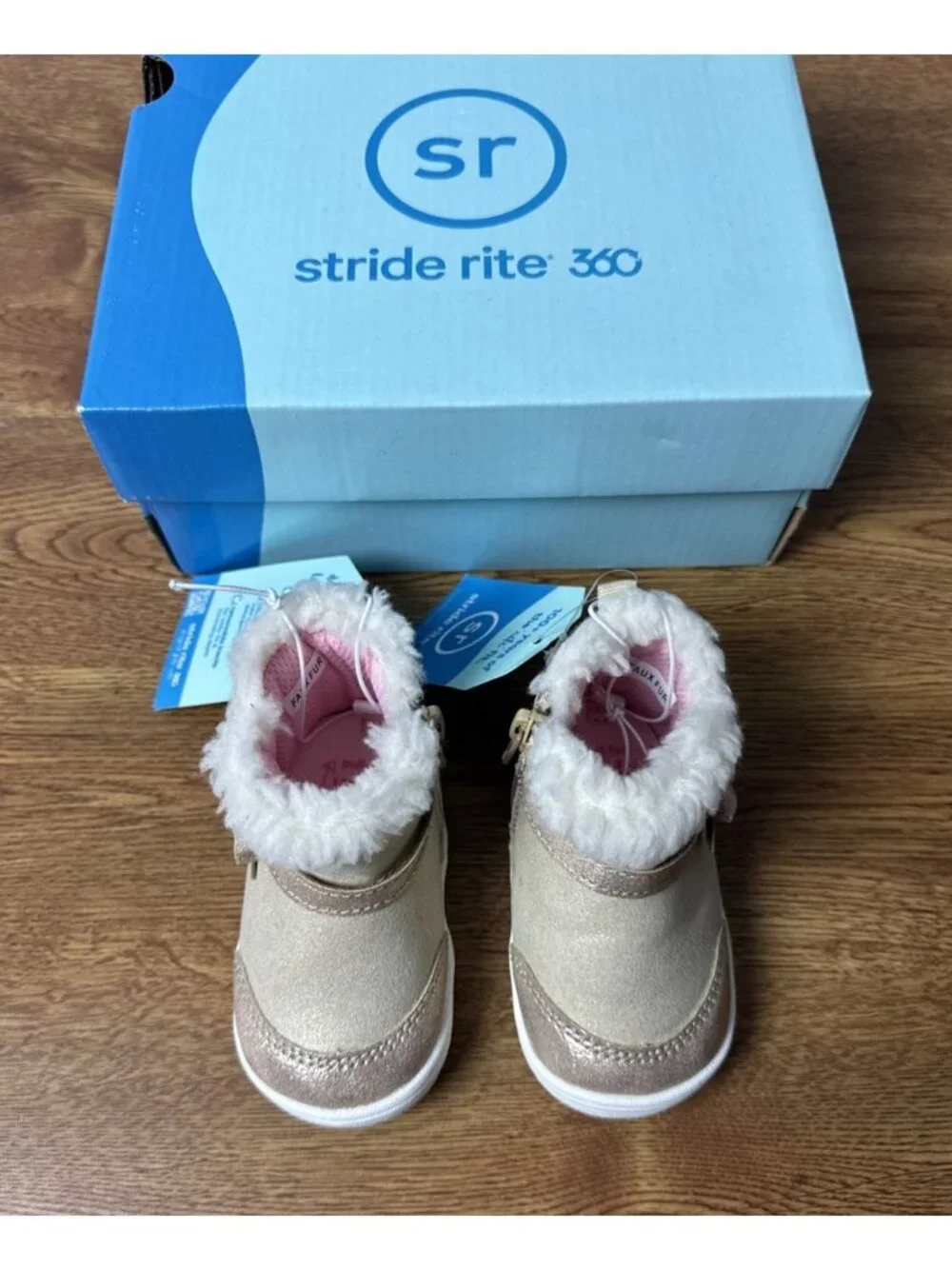 Stride Rite 360 Toddler Girls 3M Side Zip Champagne Faux Fur Zina Ankle Boot